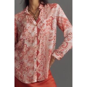 Anthropologie Pilcro The Romy Relaxed Button Down Shirt Red Coral Cream Size XL